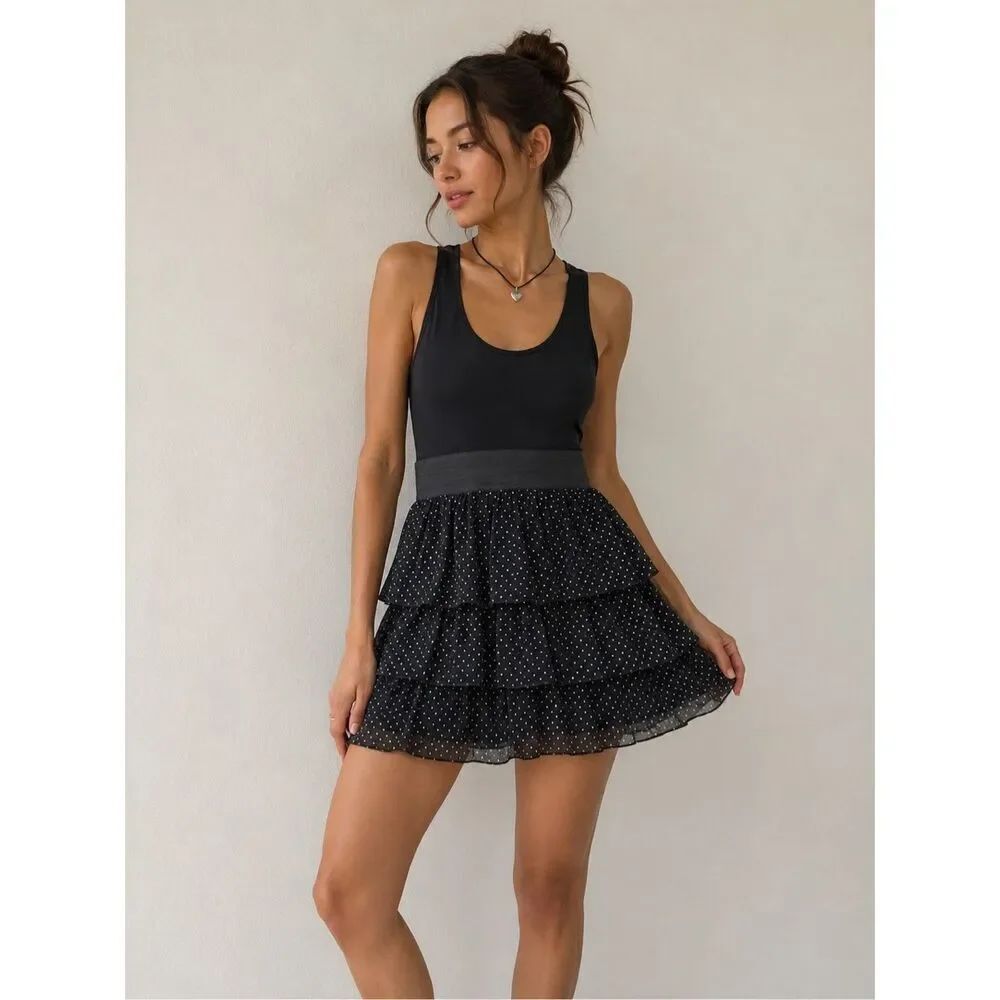 Patrizia Pepe Black Polka Dot Tiered Ruffle Mini Dress Sz 40 IT/S US
